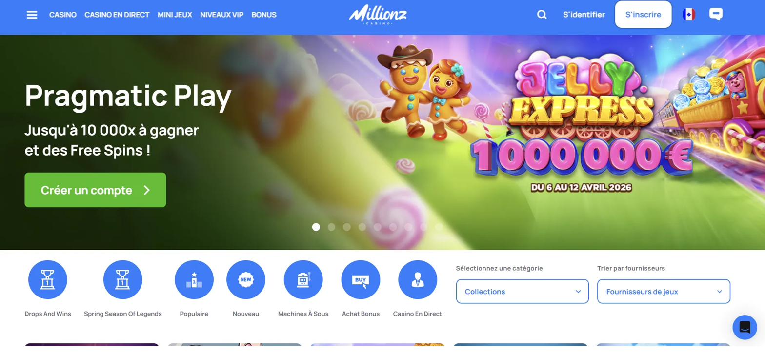 Interface de Millionz Casino avec le menu Casino, Casino en direct, Mini jeux, Niveaux VIP et Bonus, et les boutons S'identifier et S'inscrire