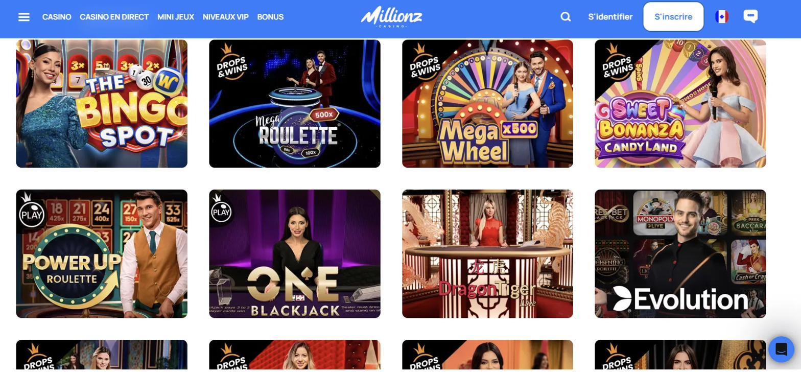 Lobby du casino en direct de Millionz avec The Bingo Spot, Mega Roulette, Mega Wheel, Sweet Bonanza CandyLand, Power Up Roulette et ONE Blackjack